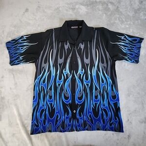 Vintage Sapphire Lounge‎ Shirt Mens Large Black Blue Flames Button Down Casual